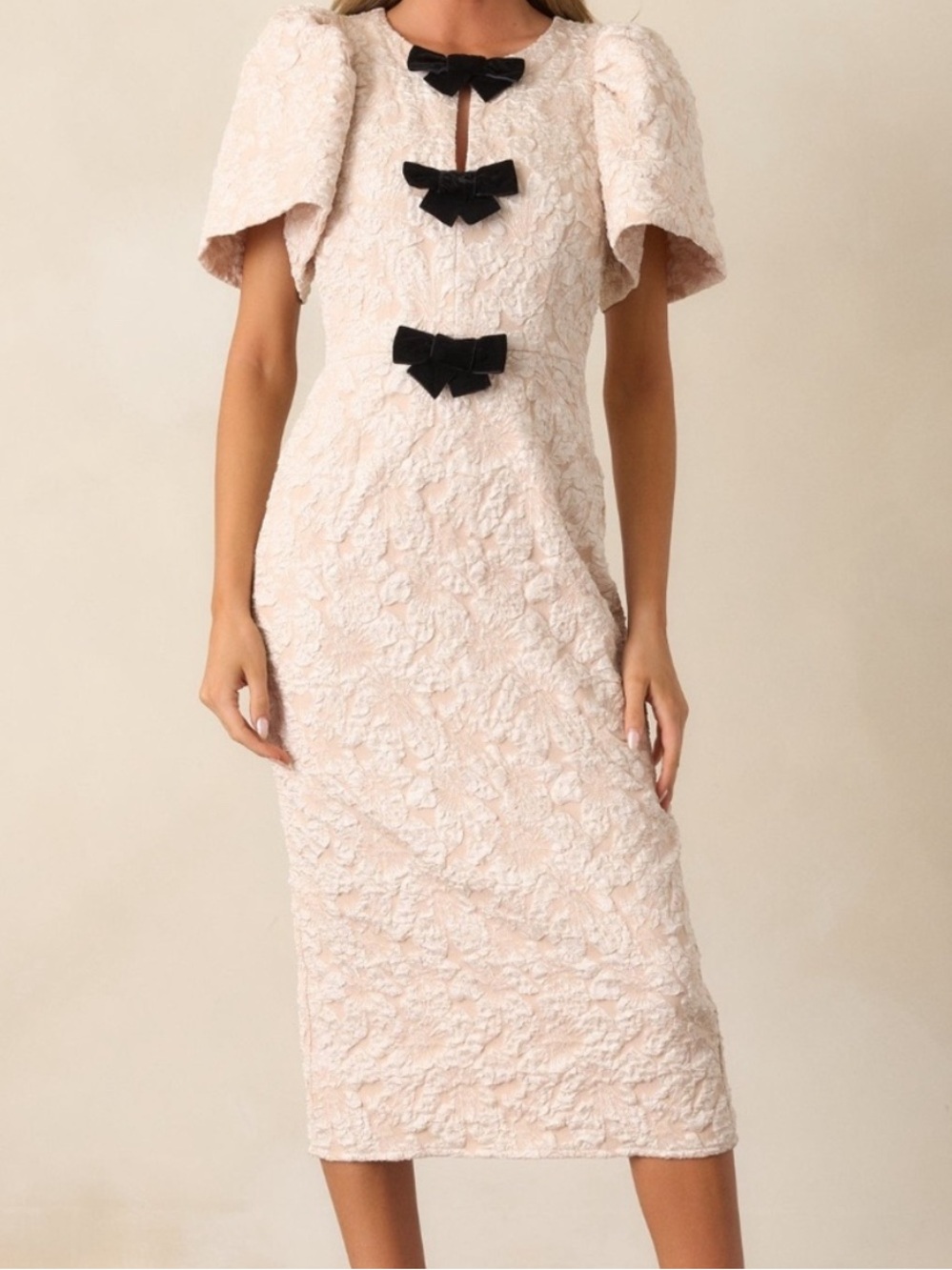 Sugar Lips NWT Cream Textured Midi Dress with Black Bow Accents  fully lined XS